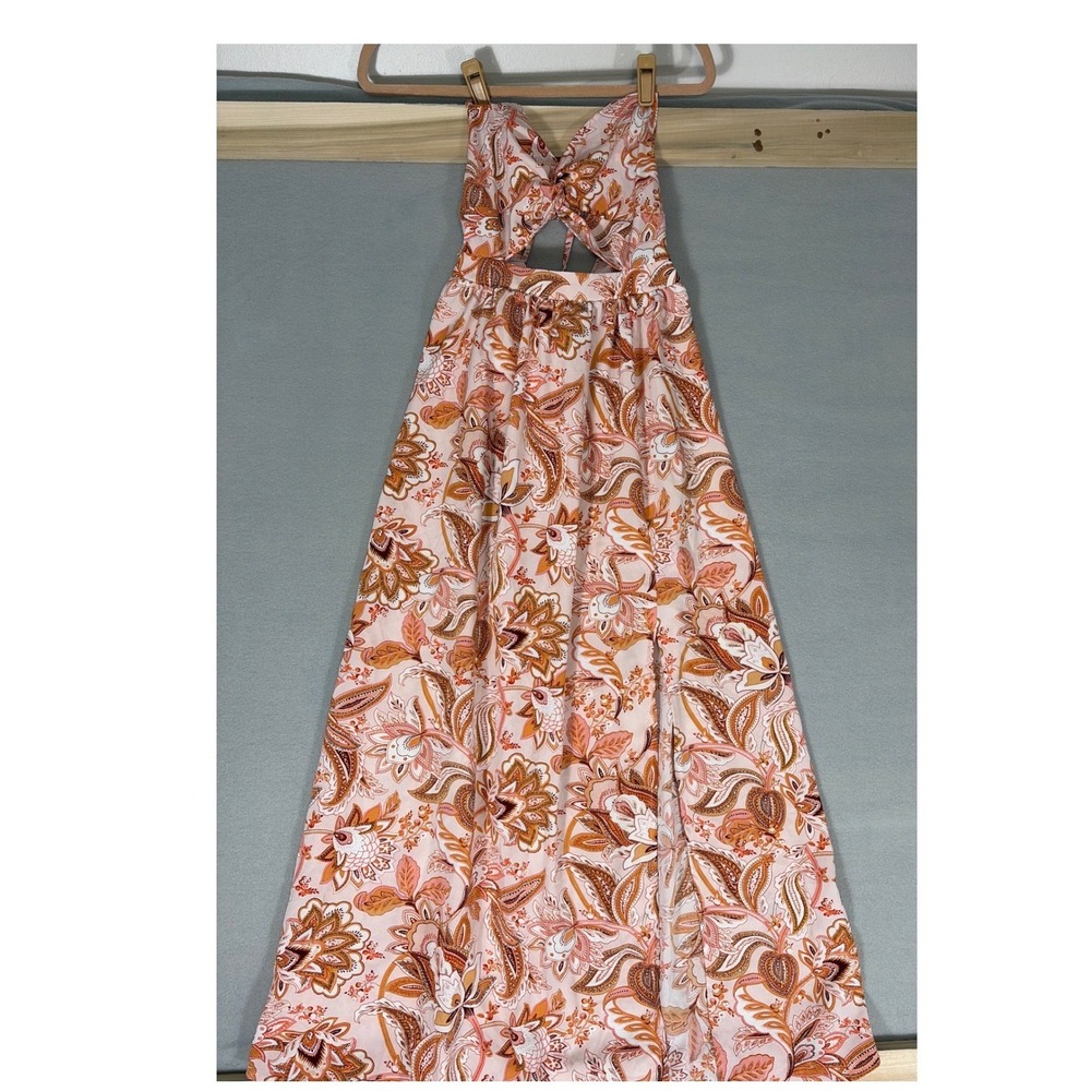 Boho Paisley Floral Halter‎ Maxi Dress with Cutout and Side Slit Orange Brown